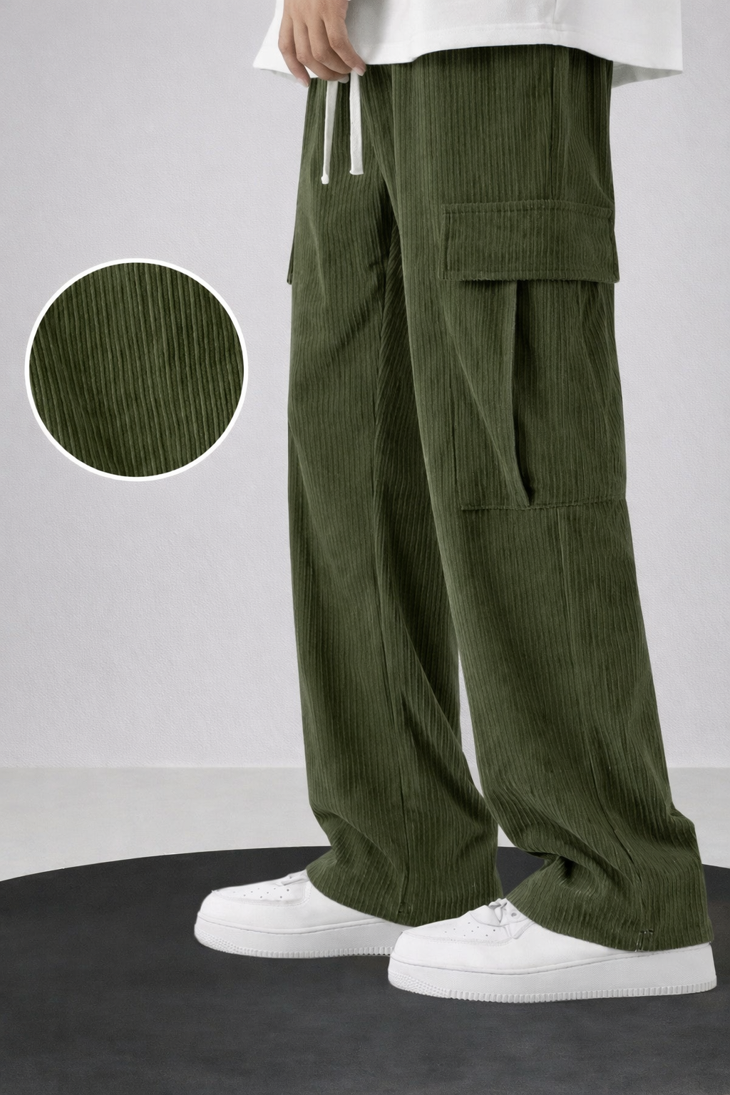 UpperQuest Men’s Corduroy Cargo Pants – Olive Green Colour | Relaxed Fit Wide-Leg Trousers | Stylish Casual Wear