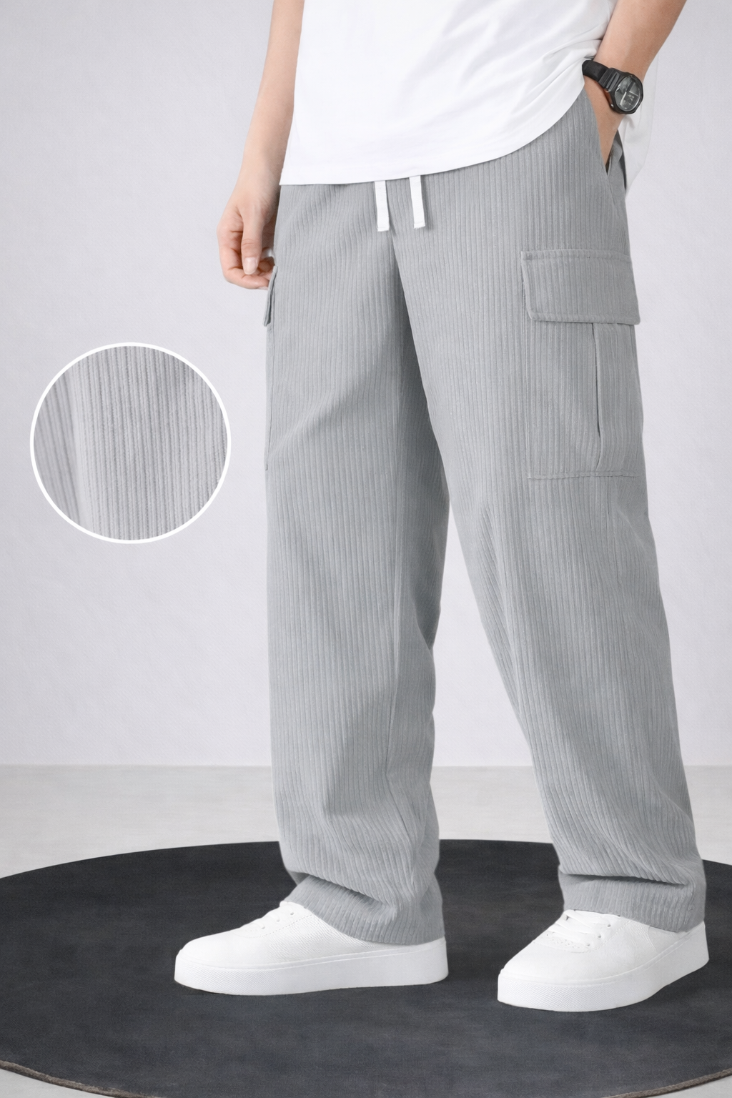 UpperQuest Men’s Corduroy Cargo Pants – Grey Colour | Relaxed Fit Wide-Leg Trousers | Stylish Casual Wear