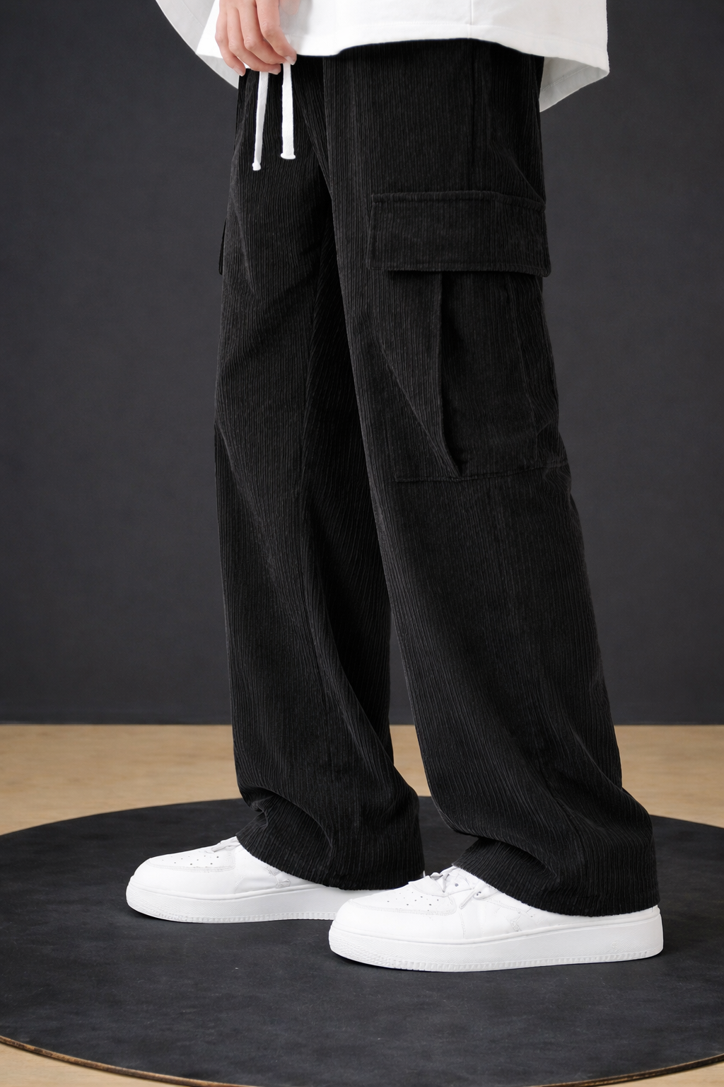 UpperQuest Men’s Corduroy Cargo Pants – Black Colour | Relaxed Fit Wide-Leg Trousers | Stylish Casual Wear