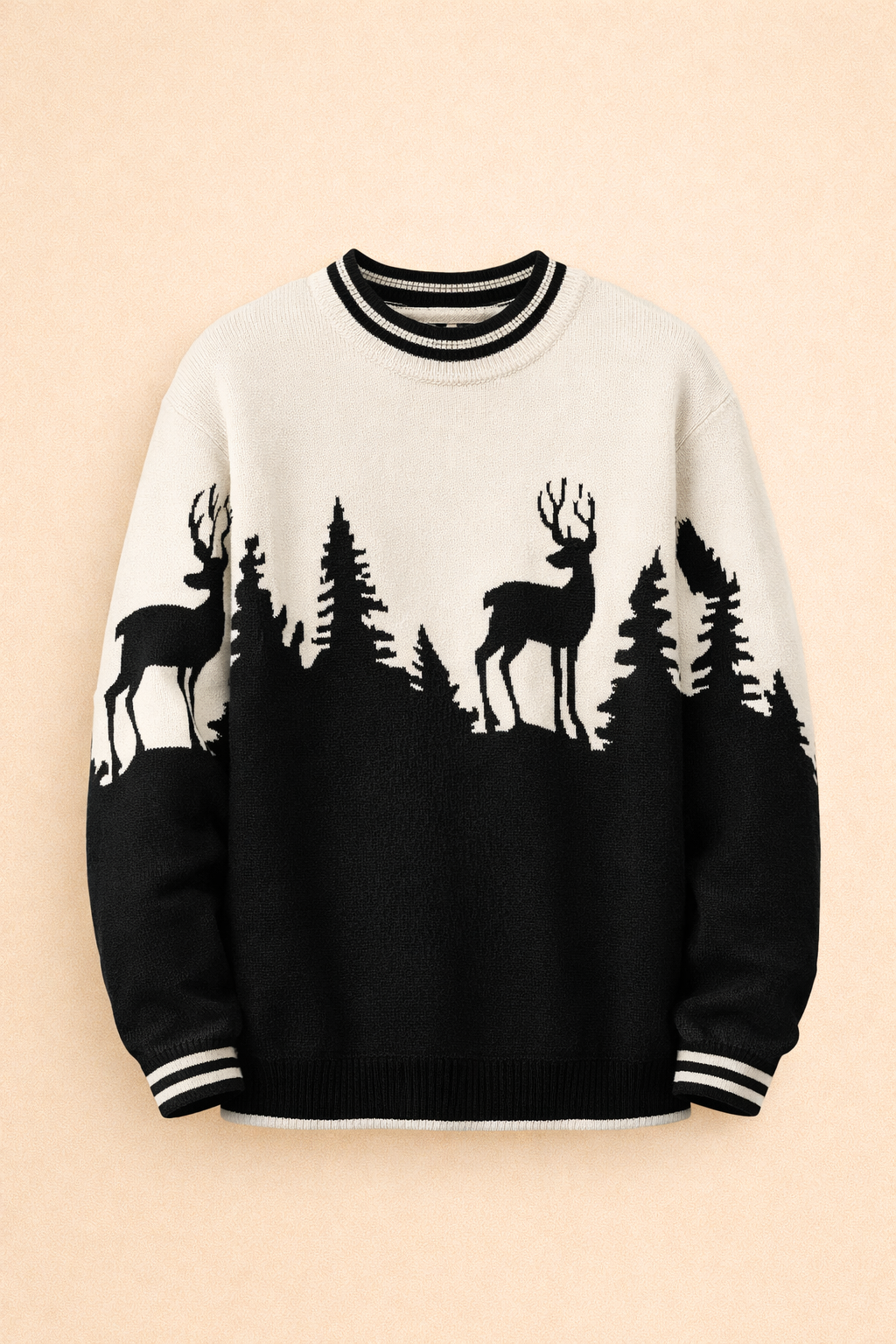 UpperQuest Men’s Deer Print Knitted Sweater – Black & White Colour | Soft Winter Pullover | Stylish Casual Knitwear