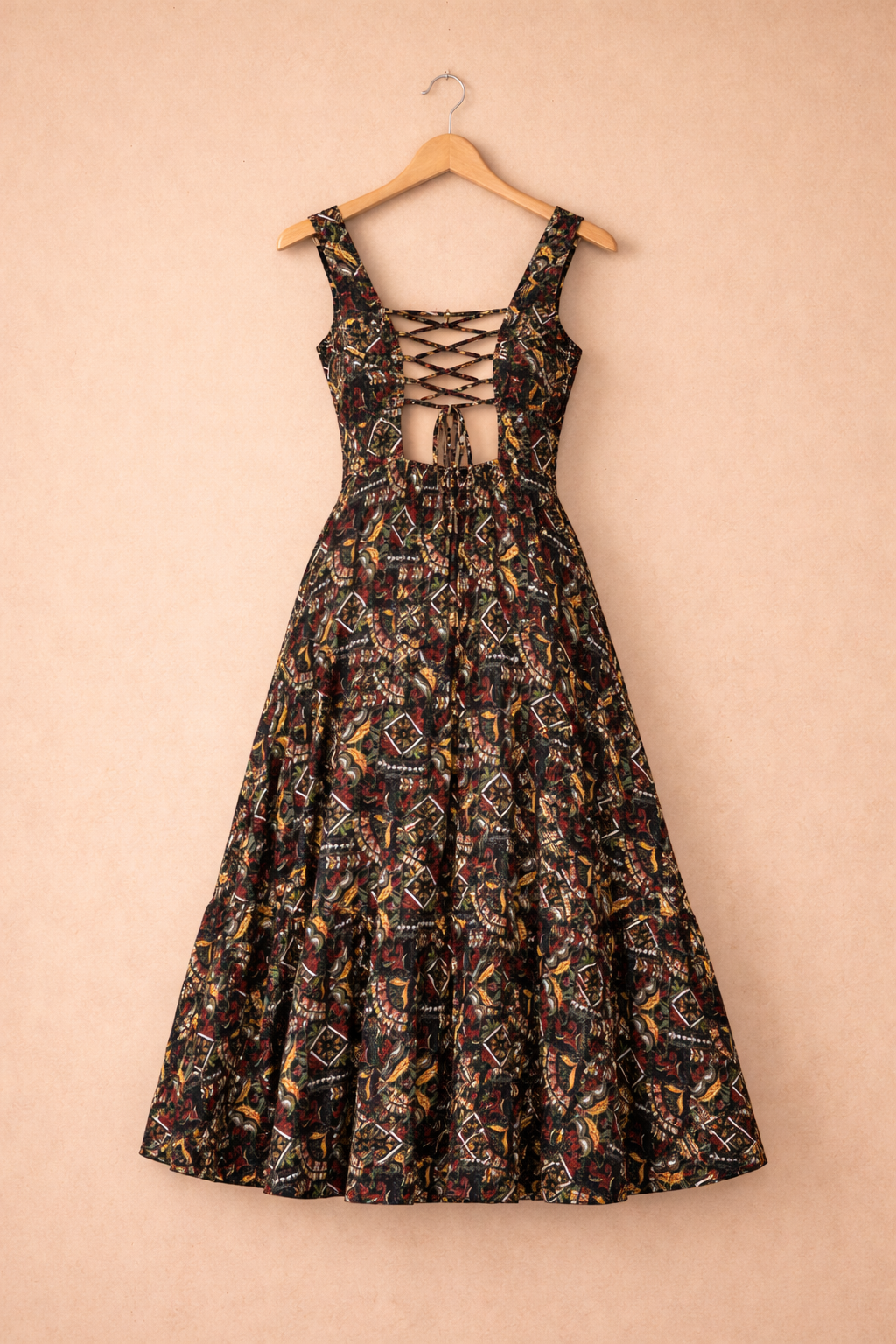 UpperQuest Women’s Ethnic Printed Maxi Dress – Black Multi-Colour | Sleeveless Long Dress with Tassel Detail | Festive & Party Wear