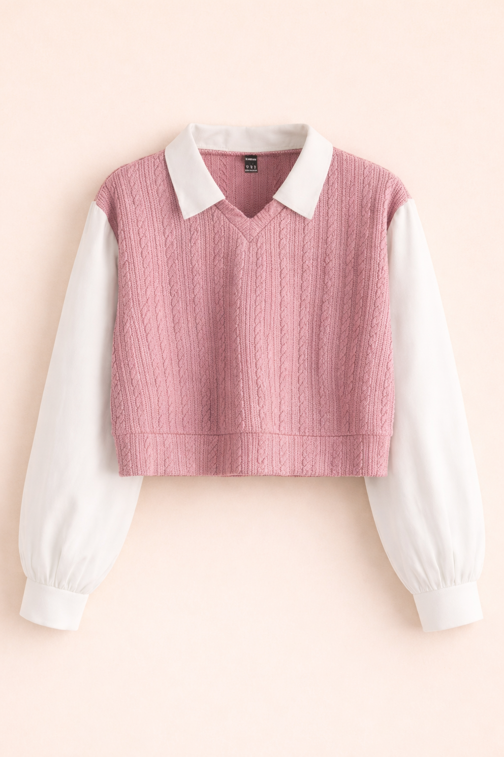 UpperQuest Women’s Layered Style Knitted Top – Pink & White Colour | Collared Long Sleeve Casual Sweater Top