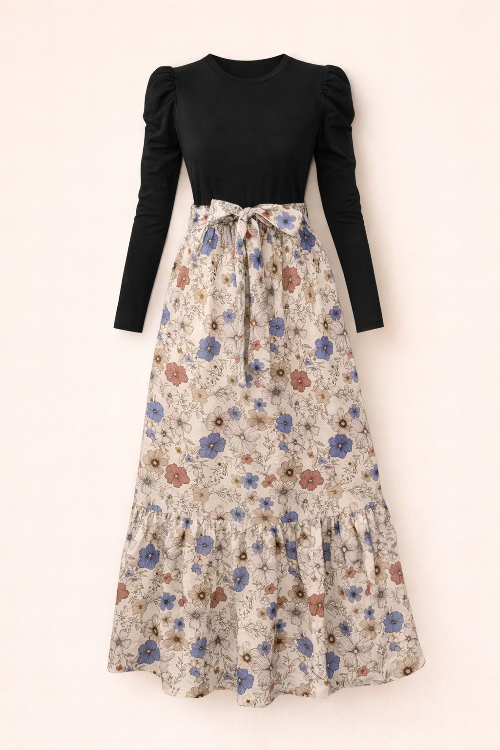 UpperQuest Women’s Floral Maxi Dress – Black & Cream Colour | Long Sleeve Printed Maxi | Elegant Party & Casual Wear