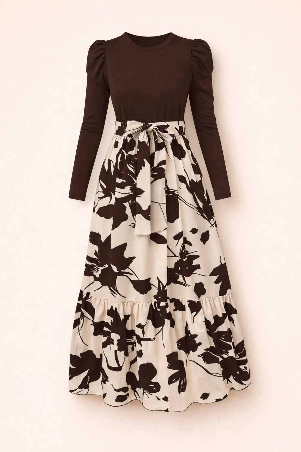 UpperQuest Women’s Floral Maxi Dress – Brown, Green, Black & Maroon with Beige | Long Sleeve Printed Maxi | Party & Festive Wear