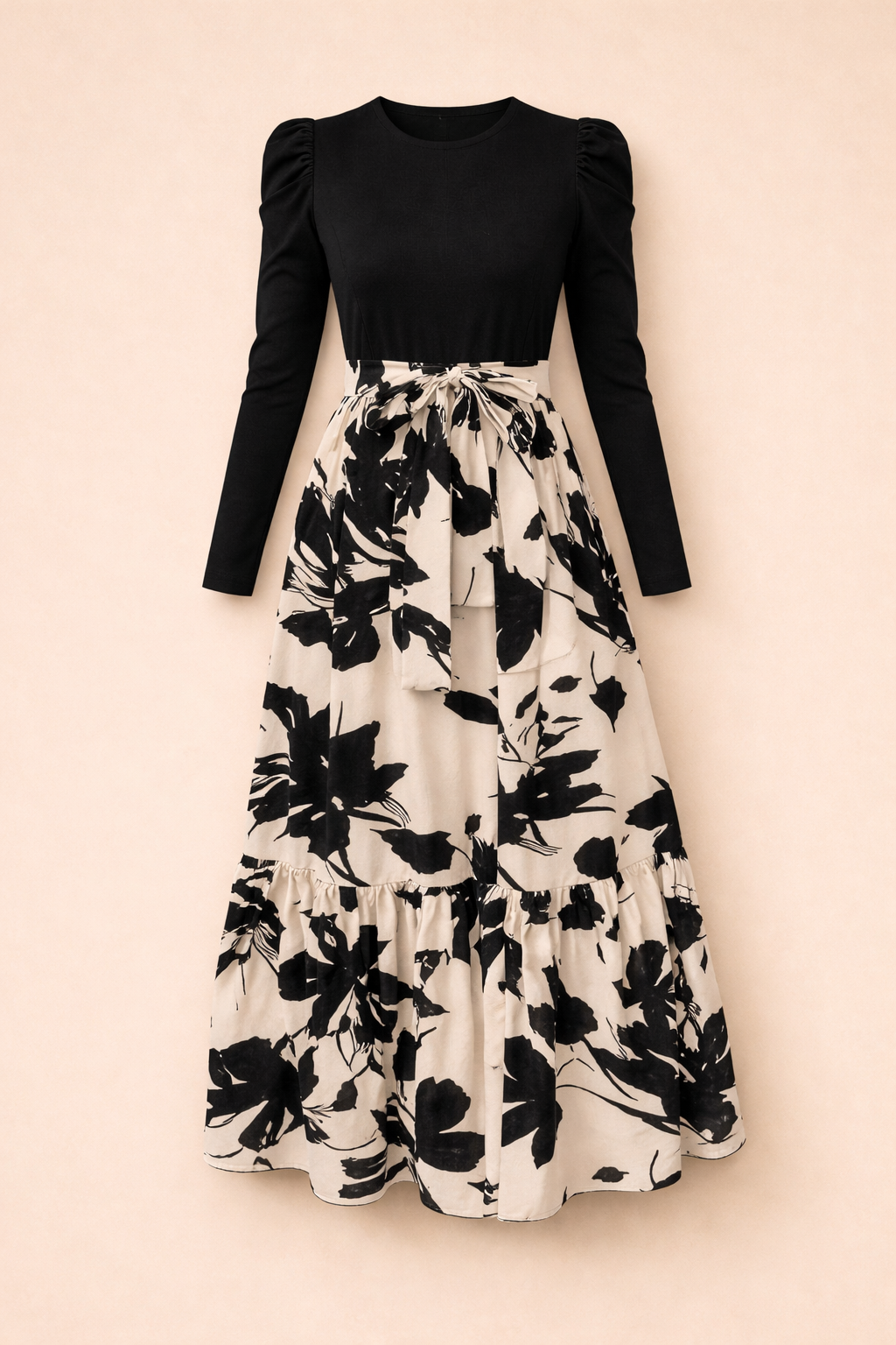 UpperQuest Women’s Floral Maxi Dress – Brown, Green, Black & Maroon with Beige | Long Sleeve Printed Maxi | Party & Festive Wear