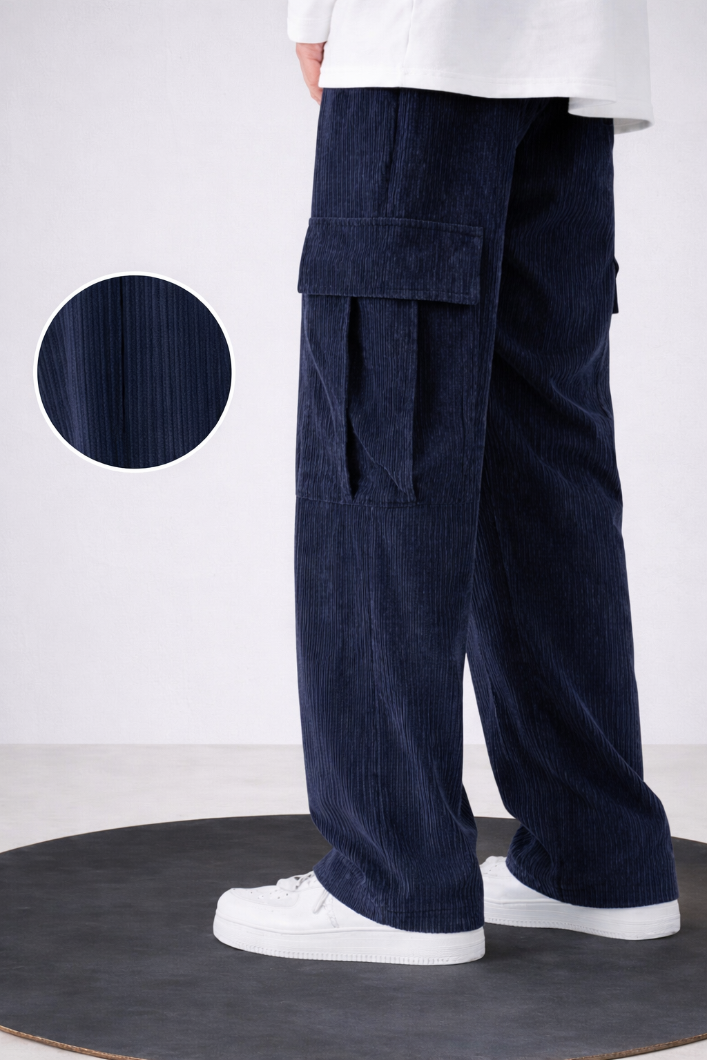 UpperQuest Men’s Corduroy Cargo Pants – Navy Blue Colour | Relaxed Fit Wide-Leg Trousers | Stylish Casual Wear