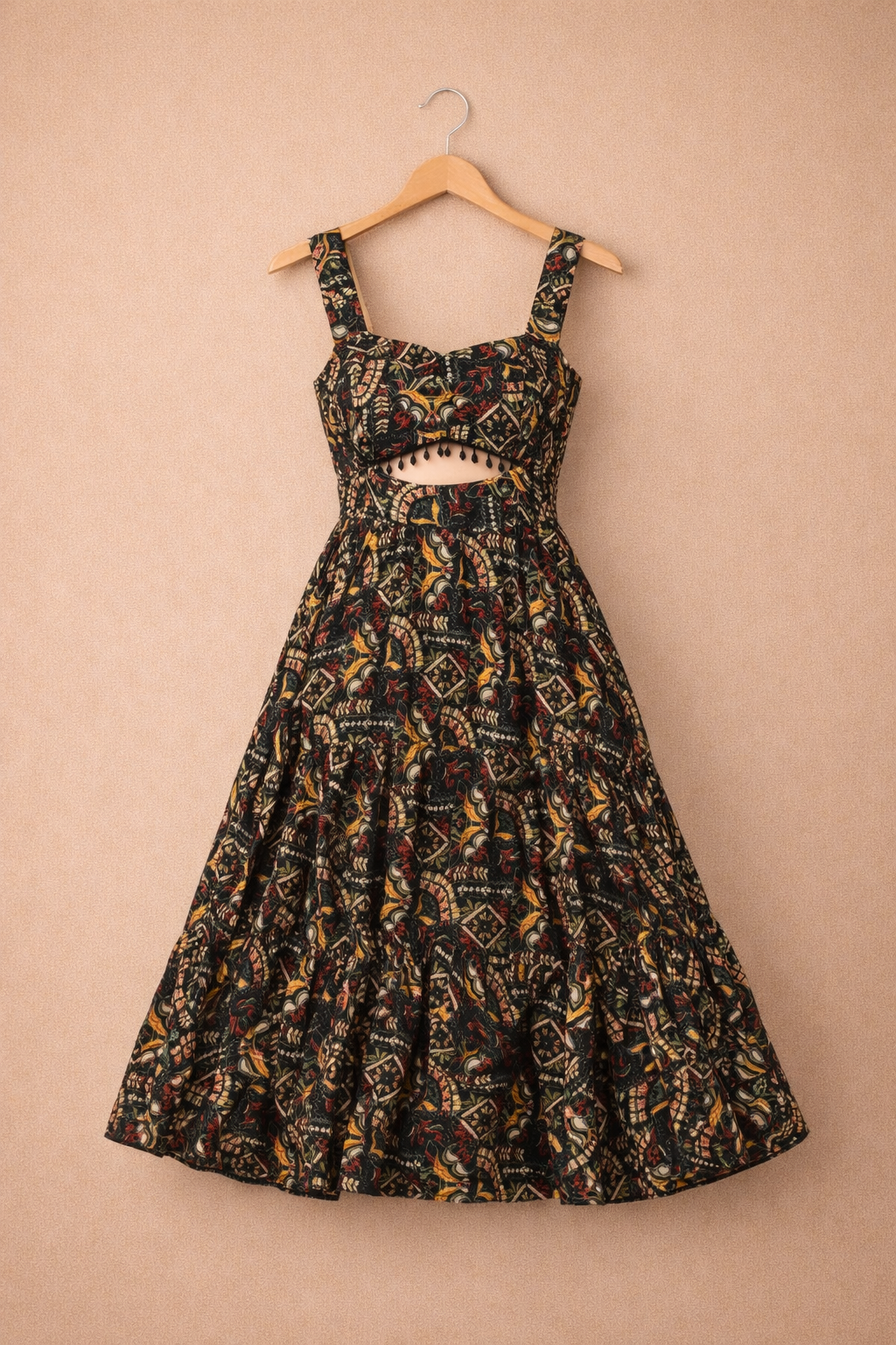 UpperQuest Women’s Ethnic Printed Maxi Dress – Black Multi-Colour | Sleeveless Long Dress with Tassel Detail | Festive & Party Wear