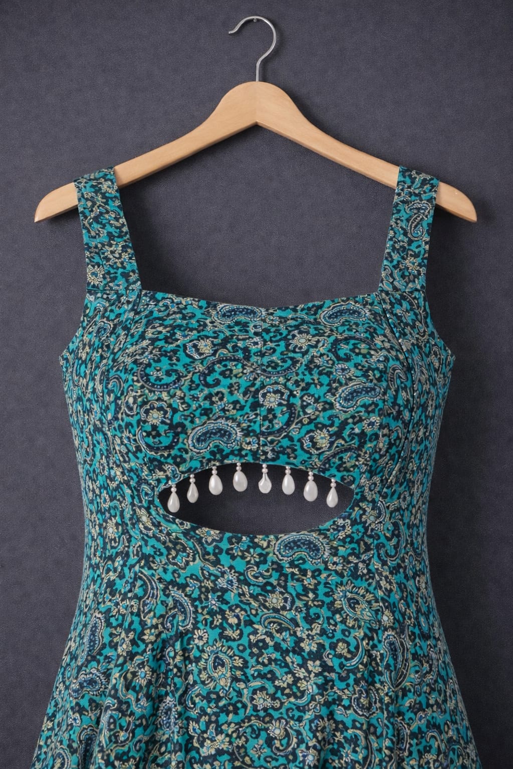 UpperQuest Women’s Printed Maxi Dress – Aqua Blue Multi-Colour | Sleeveless Long Dress with Tassel Detail | Party & Casual Wear