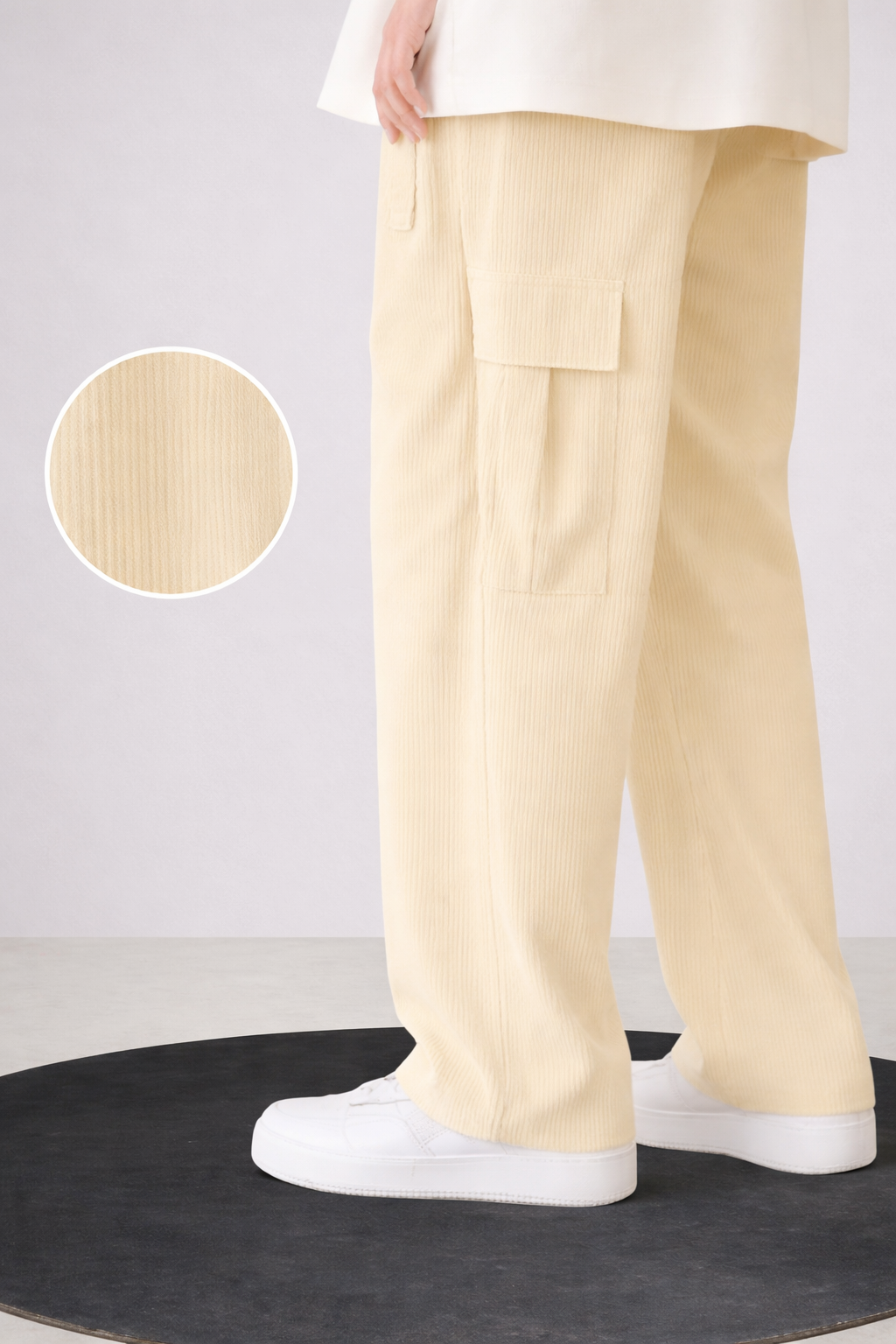 UpperQuest Men’s Corduroy Cargo Pants – Beige Colour | Relaxed Fit Wide-Leg Trousers | Stylish Casual Wear