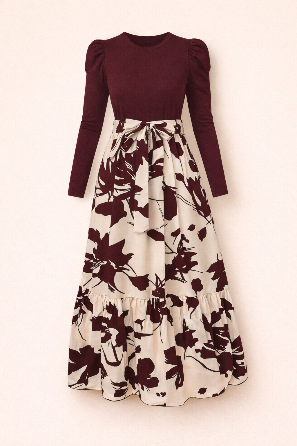 UpperQuest Women’s Floral Maxi Dress – Brown, Green, Black & Maroon with Beige | Long Sleeve Printed Maxi | Party & Festive Wear