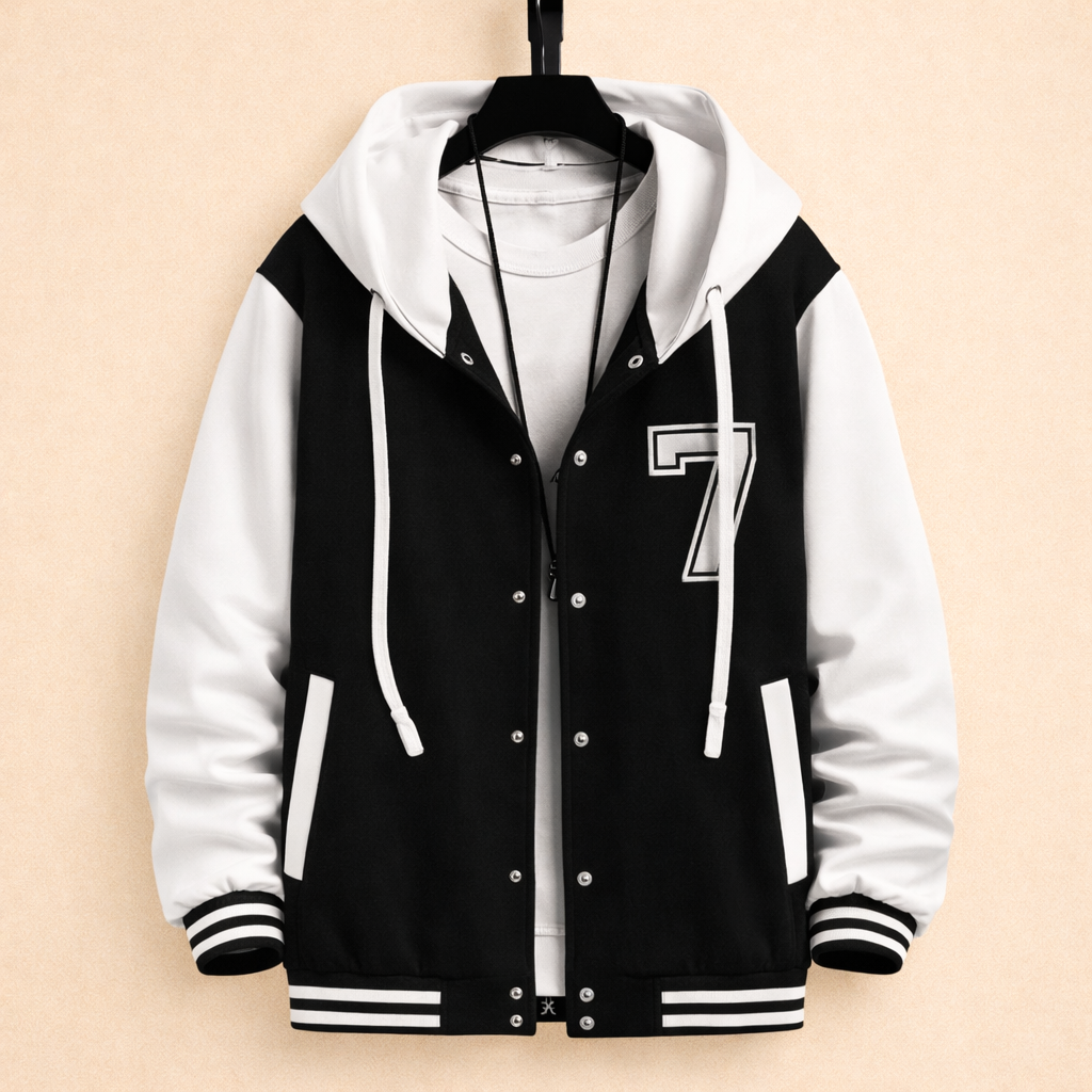 UpperQuest Men’s Varsity Hoodie Jacket – Black Colour | Letterman Bomber Jacket | Stylish Casual Streetwear