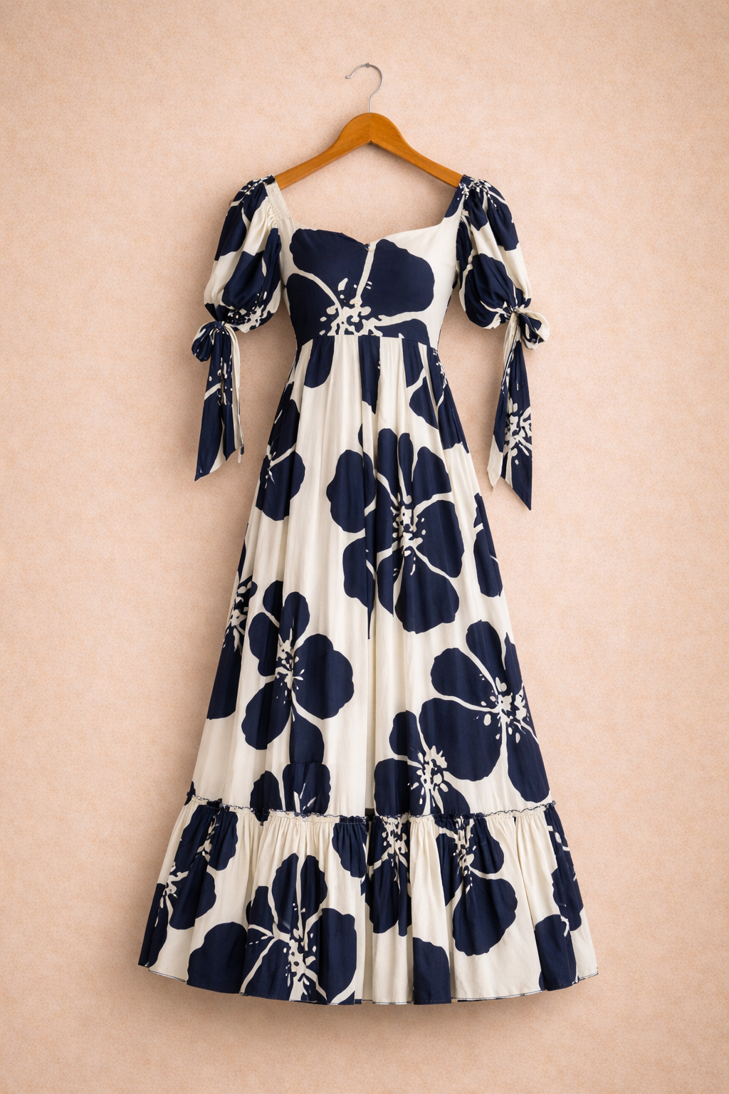 UpperQuest Women’s Navy Blue & White Floral Maxi Dress | Puff Sleeve Party & Casual Wear Gown