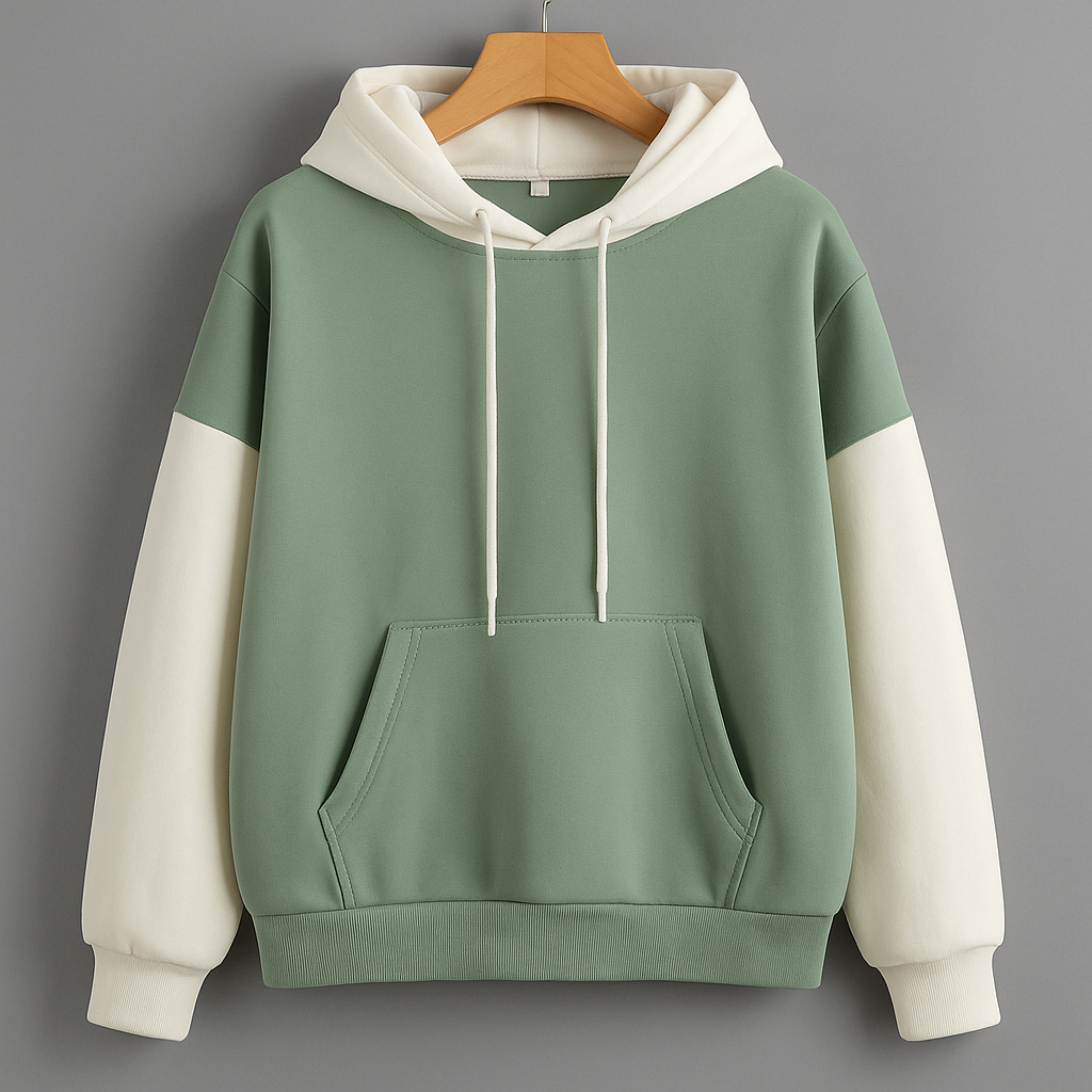UpperQuest Men’s Dual-Tone Winter Hoodie – Sage Green & Off-White Colour | Ultra-Soft Warm Casual Sweatshirt